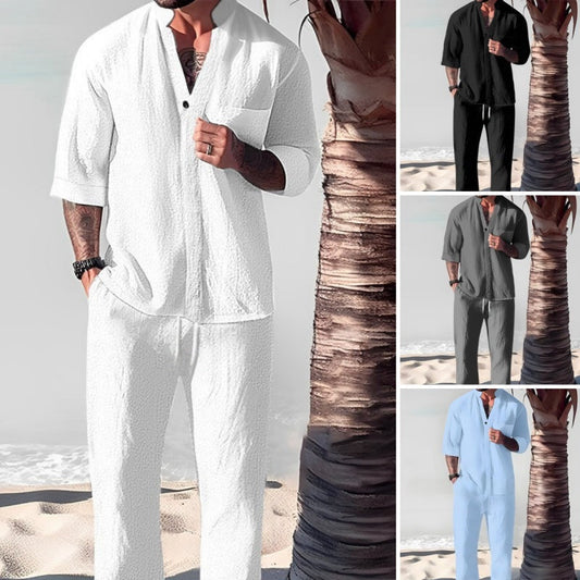 🔥Fashionable men's two-piece set made from cotton linen: top & trousers